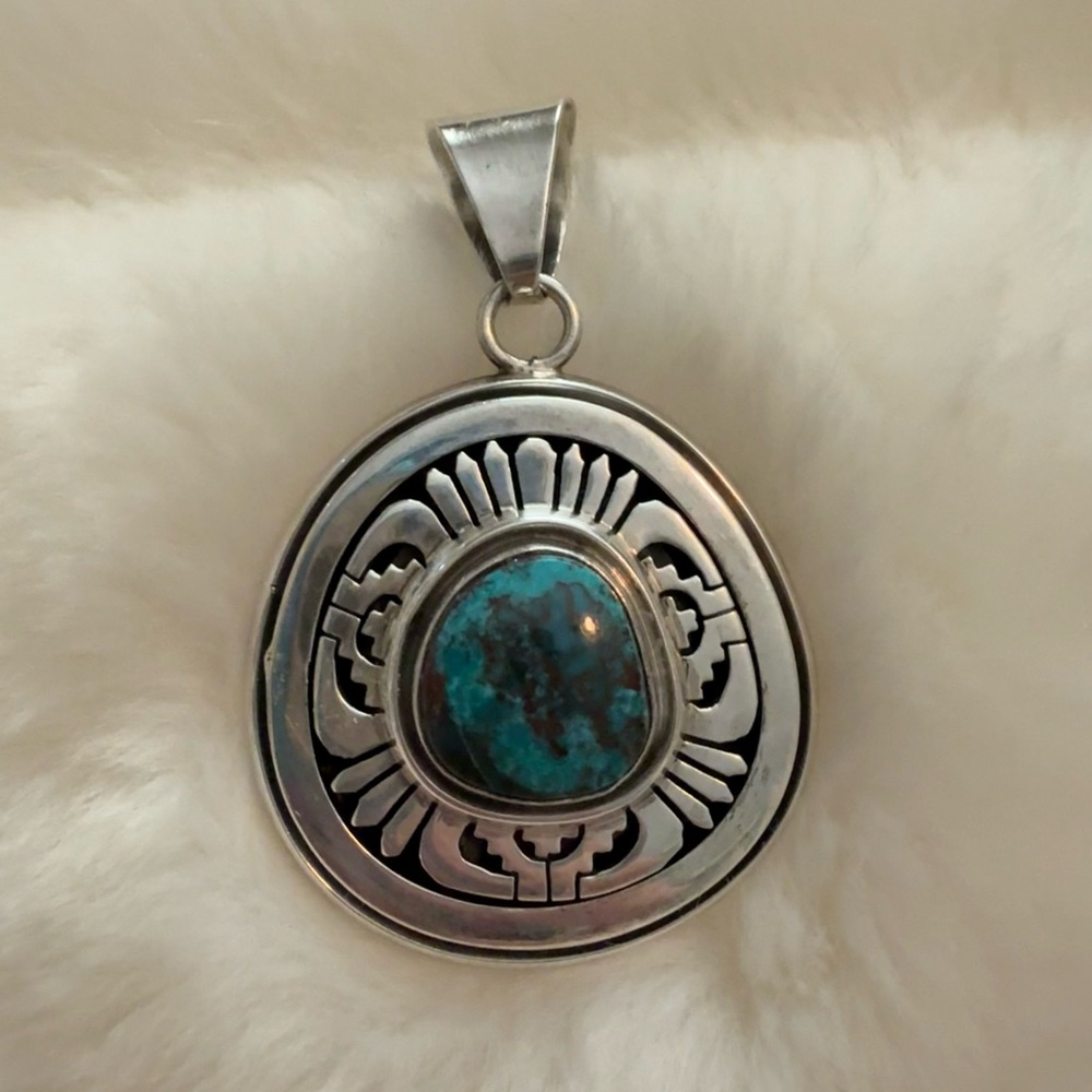 Leonard Nez Handmade Silver Overlay Turquoise Pendant